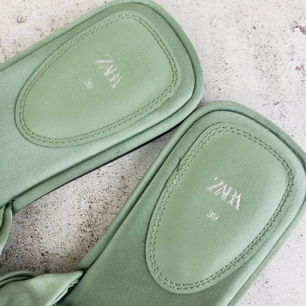 ZARA Knotted Flat Sandals Satin Flip Flops Green Bow Slippers size 39 US 8.5 - Picture 6 of 12